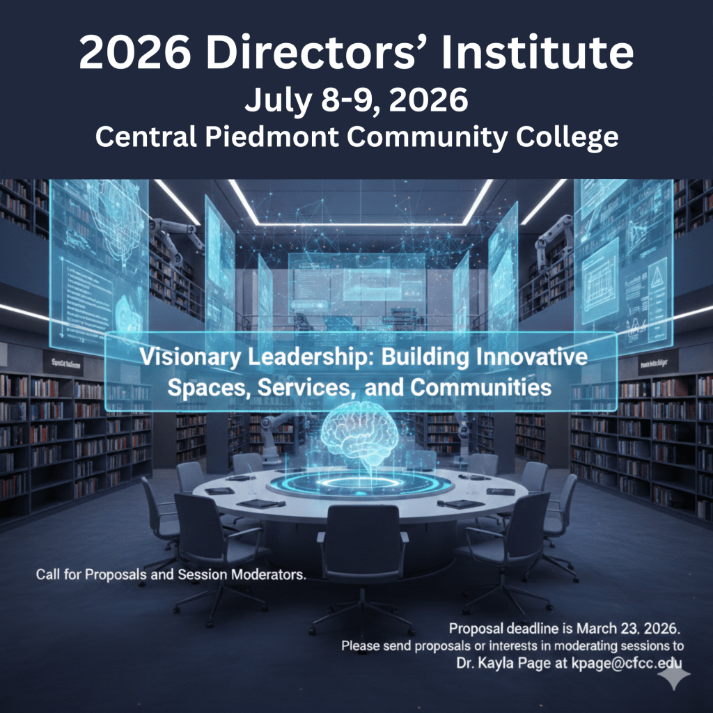Round conference table surrounded by shelves filled with books